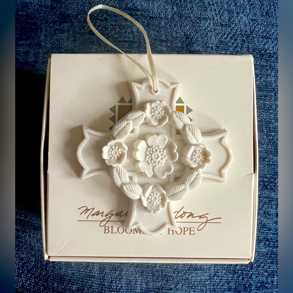 Vintage 1998 Margaret Furlong Porcelain Bisque Ornament Blooms of Hope Cross